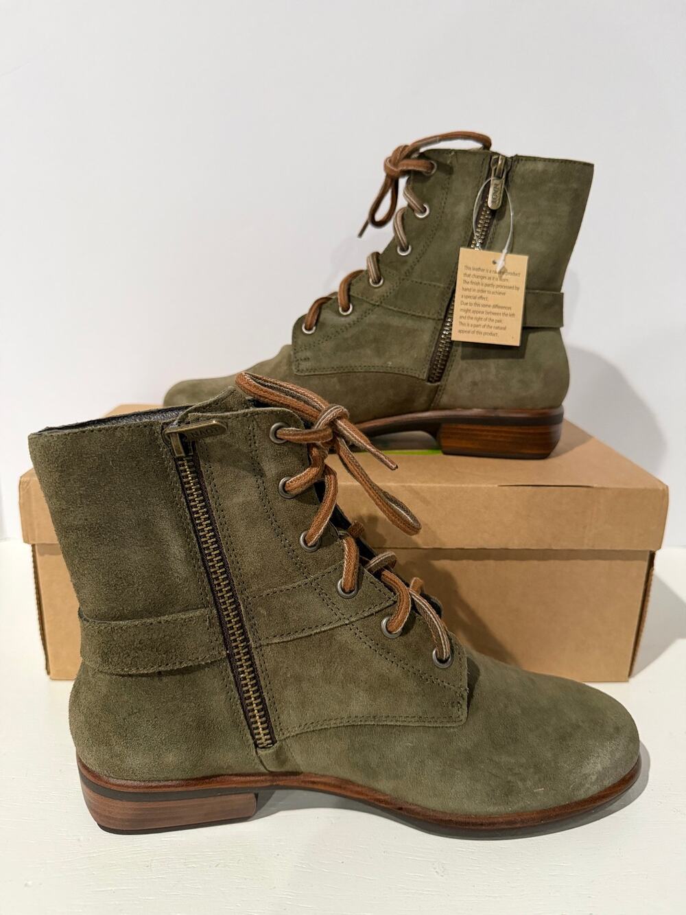 Naot Alize Leather Buckle Lace Up Boots Green Sz 37 US 6-6.5 NEW
